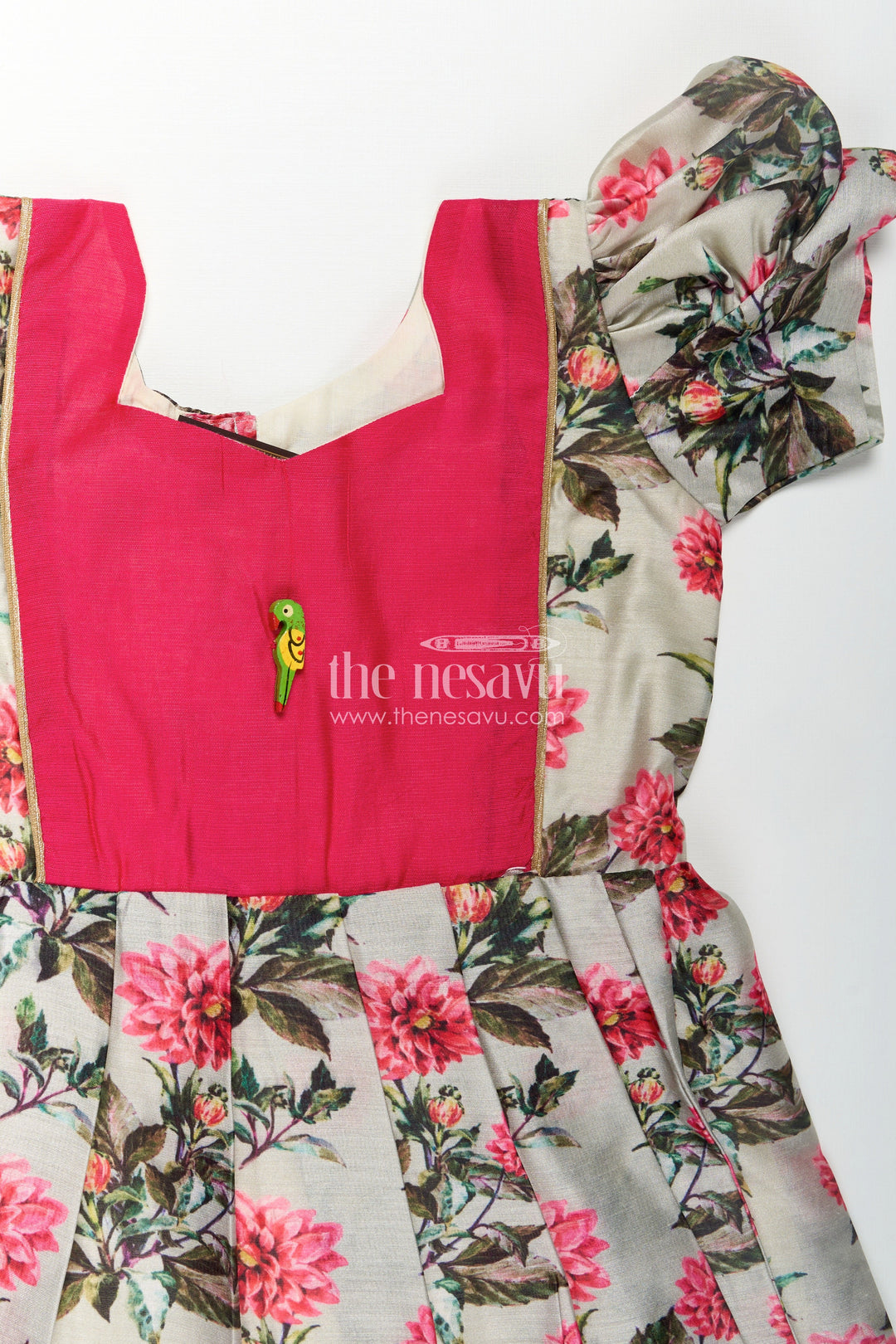The Nesavu Girls Chanderi Frock Girls Digital Printed Chanderi Frock with Puff Sleeves and Pleated Skirt in Elegant Frock Frill Dress Style Nesavu Girls Frock Frill Dress Digital Printed Chanderi Puff Sleeves Pink Contrast Yoke | The Nesavu