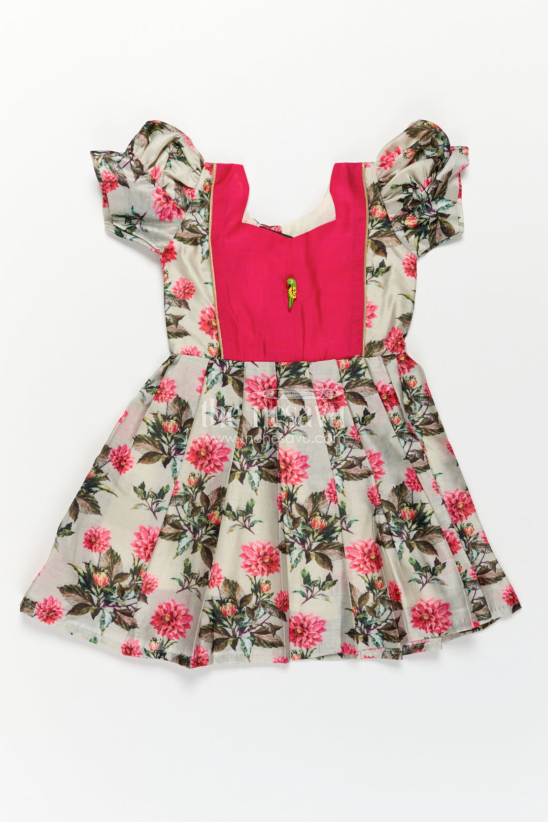 The Nesavu Girls Chanderi Frock Girls Digital Printed Chanderi Frock with Puff Sleeves and Pleated Skirt in Elegant Frock Frill Dress Style Nesavu Girls Frock Frill Dress Digital Printed Chanderi Puff Sleeves Pink Contrast Yoke | The Nesavu