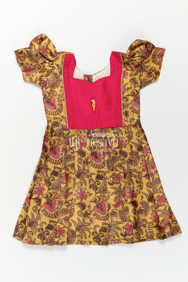 The Nesavu Girls Chanderi Frock Girls Digital Printed Chanderi Frock with Puff Sleeves and Pleated Skirt in Traditional Frock Design Style Nesavu 18 (2Y) / Yellow GFC1742A-18 Traditional Frock Design Girls Digital Printed Chanderi Pleats Parrot Accent | The Nesavu