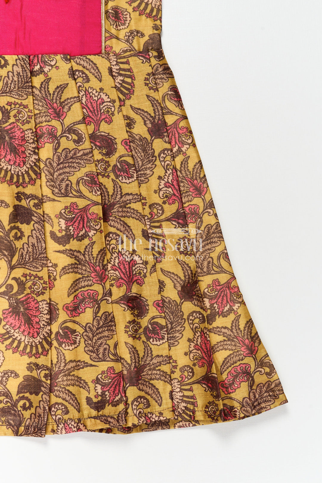 The Nesavu Girls Chanderi Frock Girls Digital Printed Chanderi Frock with Puff Sleeves and Pleated Skirt in Traditional Frock Design Style Nesavu Traditional Frock Design Girls Digital Printed Chanderi Pleats Parrot Accent | The Nesavu