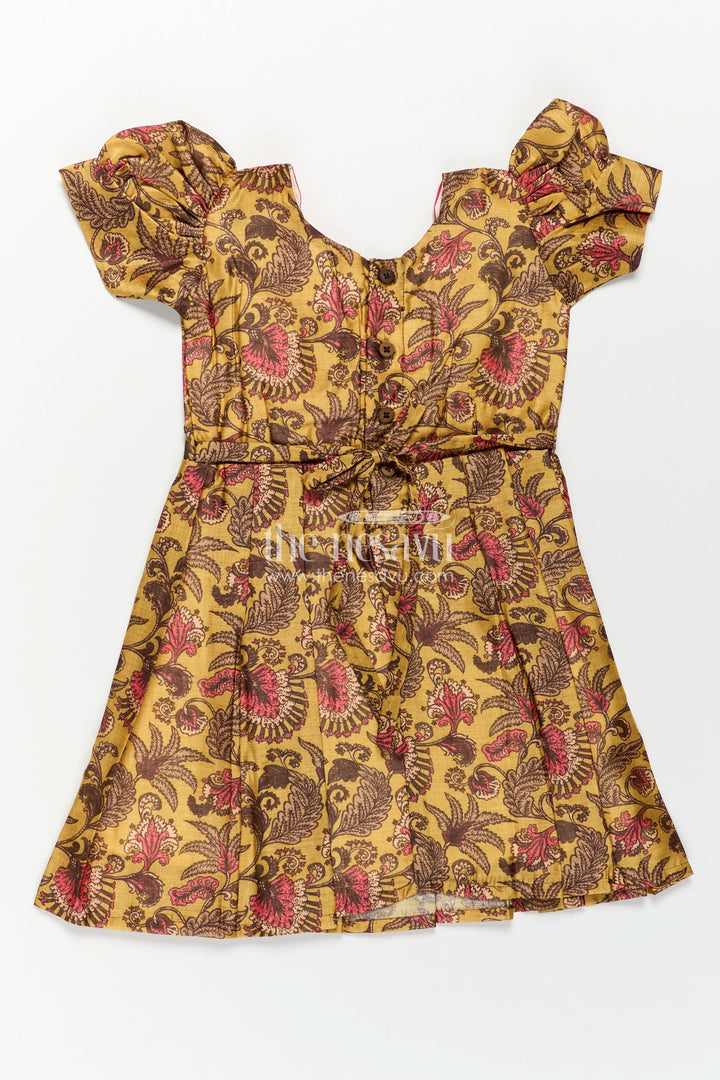 The Nesavu Girls Chanderi Frock Girls Digital Printed Chanderi Frock with Puff Sleeves and Pleated Skirt in Traditional Frock Design Style Nesavu Traditional Frock Design Girls Digital Printed Chanderi Pleats Parrot Accent | The Nesavu