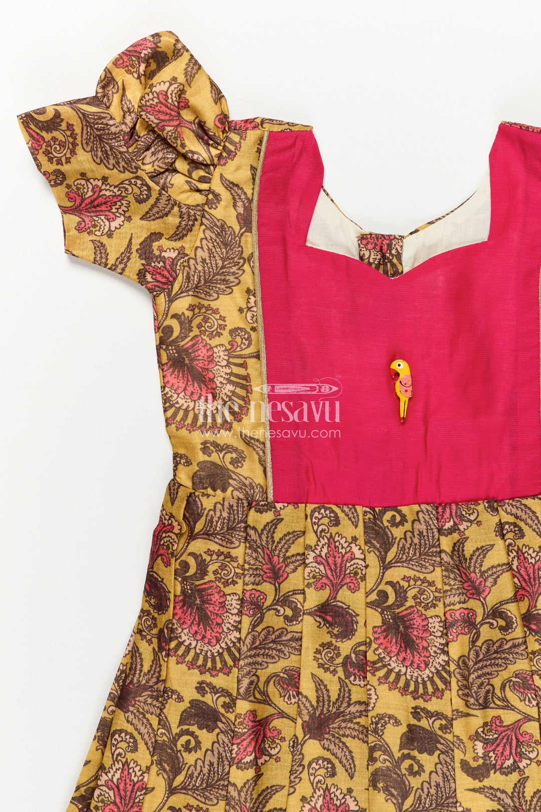 The Nesavu Girls Chanderi Frock Girls Digital Printed Chanderi Frock with Puff Sleeves and Pleated Skirt in Traditional Frock Design Style Nesavu Traditional Frock Design Girls Digital Printed Chanderi Pleats Parrot Accent | The Nesavu