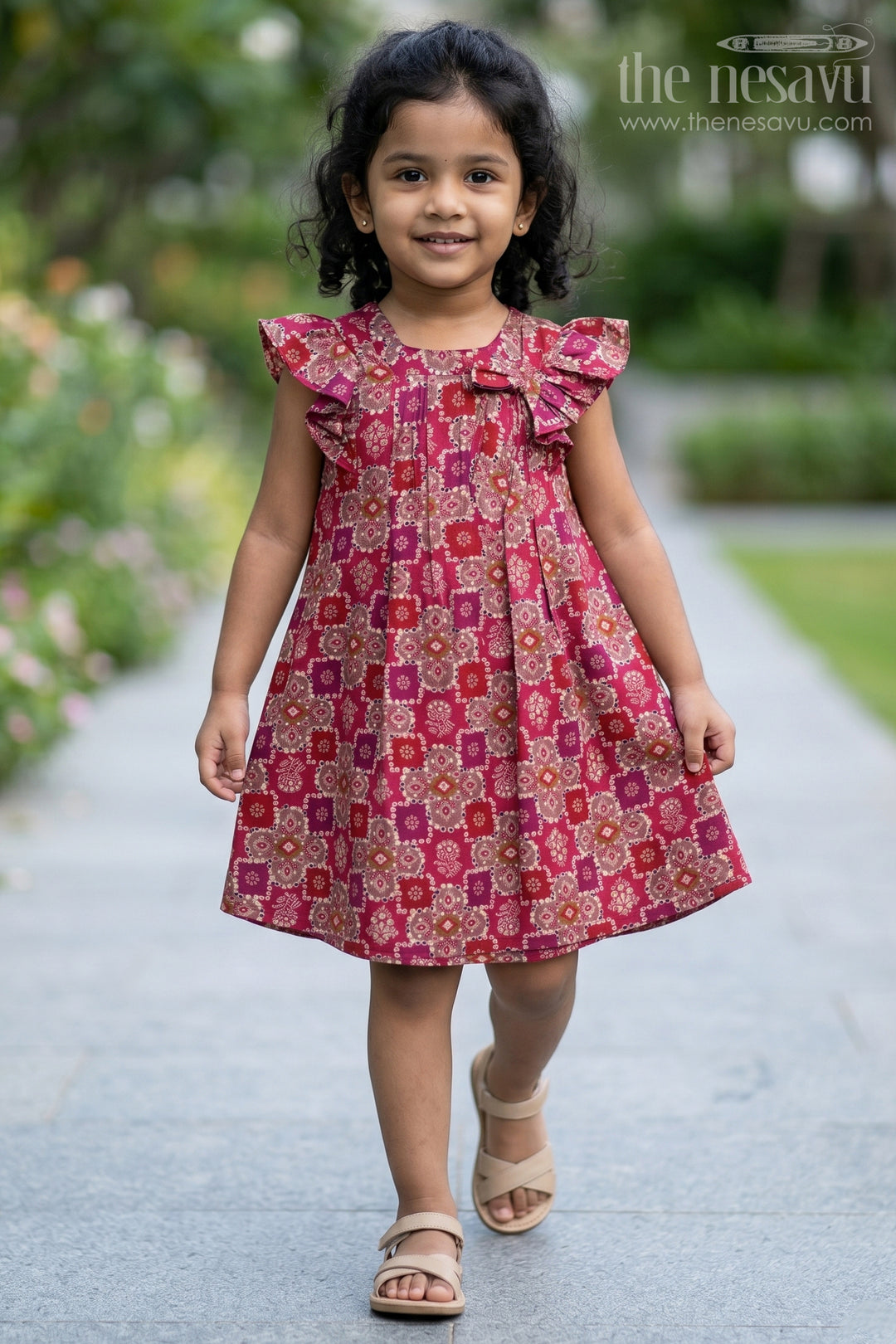 The Nesavu Girls Cotton Frock Girls Dm Frock in Muslin Silk with Stylish Pleats and Bow Detail Nesavu 16 (1Y) / Pink GFC1603C-16 Girls DM Frock Muslin Silk Stylish Pleats Shoulder Bow | The Nesavu