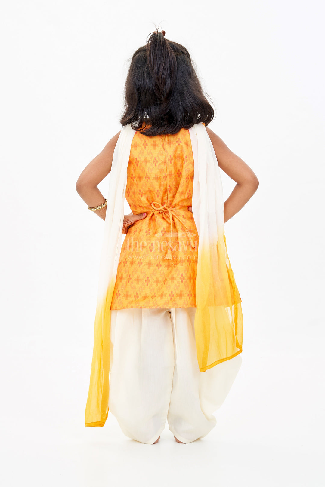 The Nesavu Girls Dothi Sets Girls Dothi and Top Set with Mirror Work Neckline and Ombre Dupatta in Yellow and Cream Nesavu Girls Dothi Top Set Mirror Work Neckline Ombre Dupatta | The Nesavu
