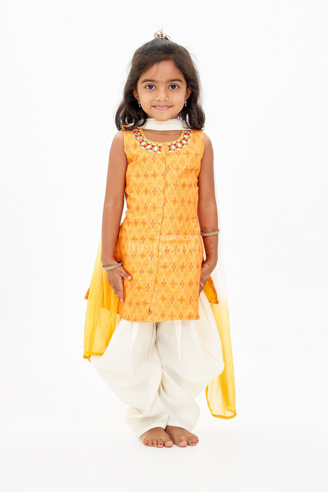 The Nesavu Girls Dothi Sets Girls Dothi and Top Set with Mirror Work Neckline and Ombre Dupatta in Yellow and Cream Nesavu Girls Dothi Top Set Mirror Work Neckline Ombre Dupatta | The Nesavu