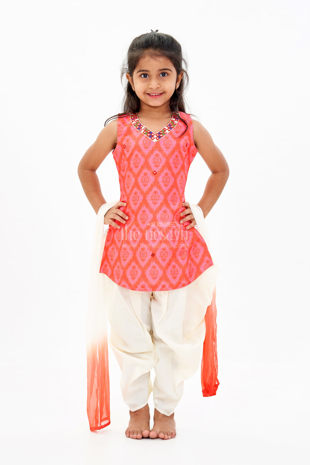 The Nesavu Girls Dothi Sets Girls Dothi Top Set with Red Ikat Print and Mirror Work Detailing Nesavu 16 (1Y) / Red GPS501A-16 Girls Dothi Top Set Red Ikat Print Mirror Work Detailing | The Nesavu