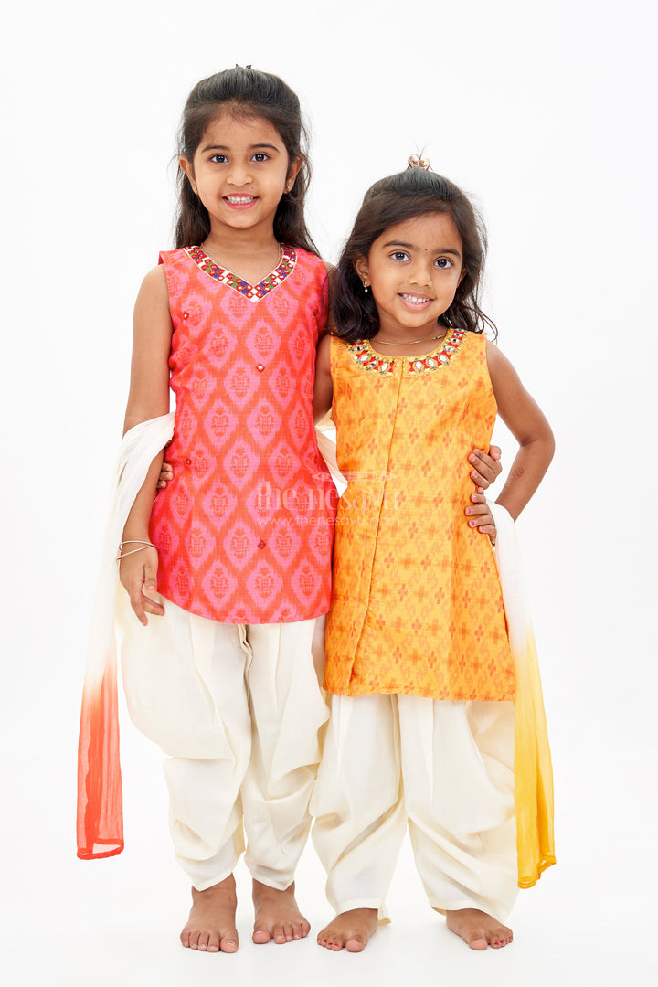 The Nesavu Girls Dothi Sets Girls Dothi Top Set with Red Ikat Print and Mirror Work Detailing Nesavu Girls Dothi Top Set Red Ikat Print Mirror Work Detailing | The Nesavu