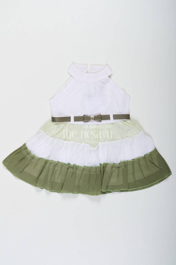 The Nesavu Girls Cotton Frock Girls Double Colour Long Frock Design in White and Olive Green Georgette with Glitter Embellishment Nesavu 14 (6M) / Green BFJ766A-14 Girls Double Colour Long Frock Glitter Georgette Ombre White Olive Green Design | The Nesavu