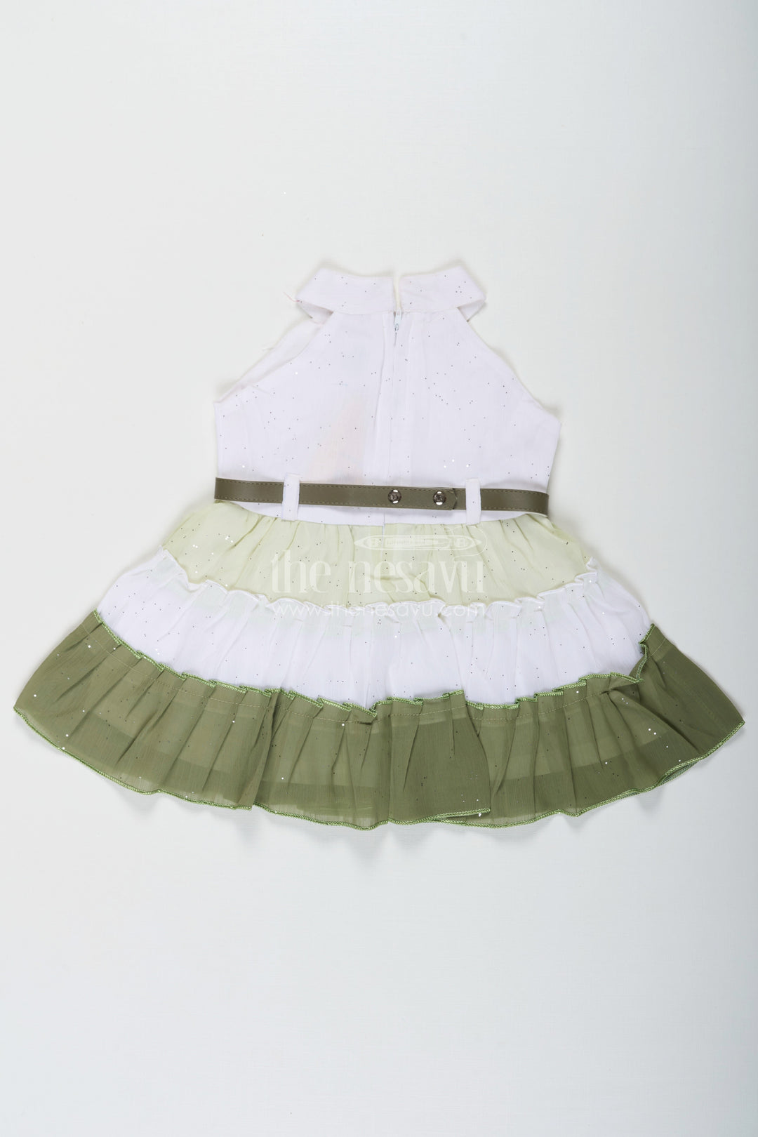 The Nesavu Girls Cotton Frock Girls Double Colour Long Frock Design in White and Olive Green Georgette with Glitter Embellishment Nesavu Girls Double Colour Long Frock Glitter Georgette Ombre White Olive Green Design | The Nesavu