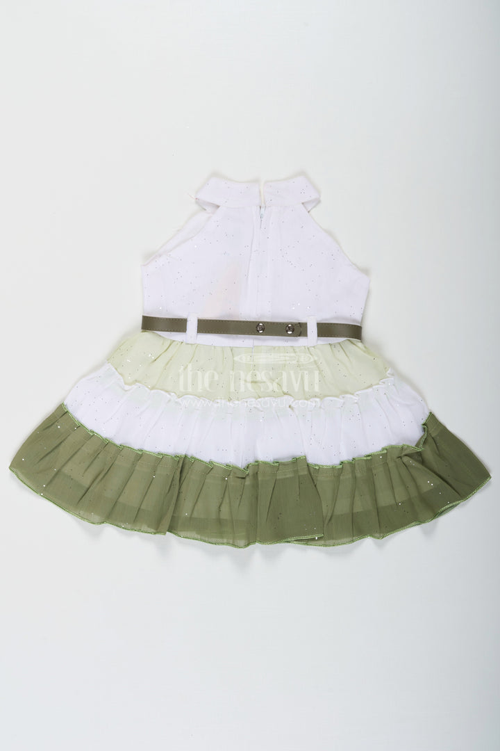 The Nesavu Girls Cotton Frock Girls Double Colour Long Frock Design in White and Olive Green Georgette with Glitter Embellishment Nesavu Girls Double Colour Long Frock Glitter Georgette Ombre White Olive Green Design | The Nesavu