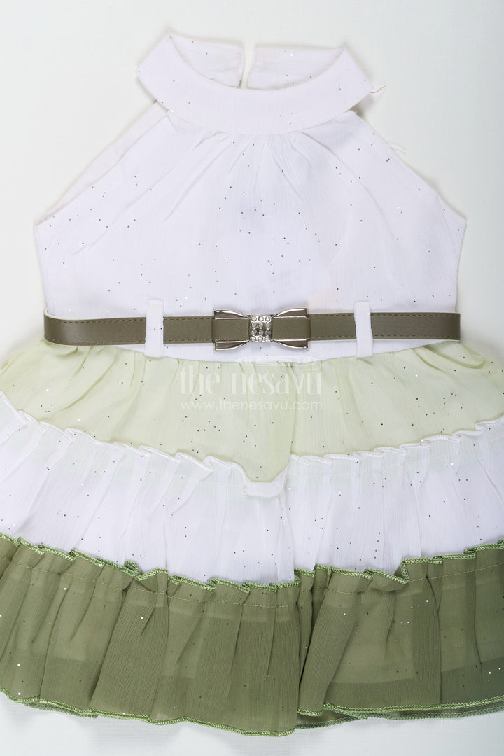 The Nesavu Girls Cotton Frock Girls Double Colour Long Frock Design in White and Olive Green Georgette with Glitter Embellishment Nesavu Girls Double Colour Long Frock Glitter Georgette Ombre White Olive Green Design | The Nesavu
