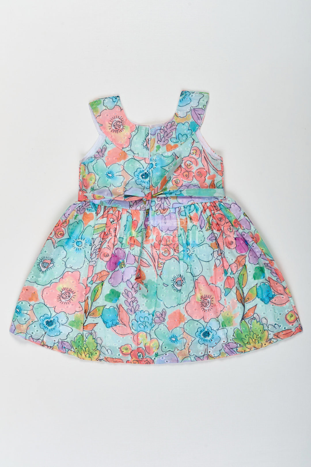 The Nesavu Baby Cotton Frocks Girls Dresses Flower Style in Soft Hakoba Cotton with Multicolor Floral Print and Bow Waist Nesavu Multicolor Hakoba Cotton Dresses Flower Style Girls Bow Detail Comfortable Fit | The Nesavu