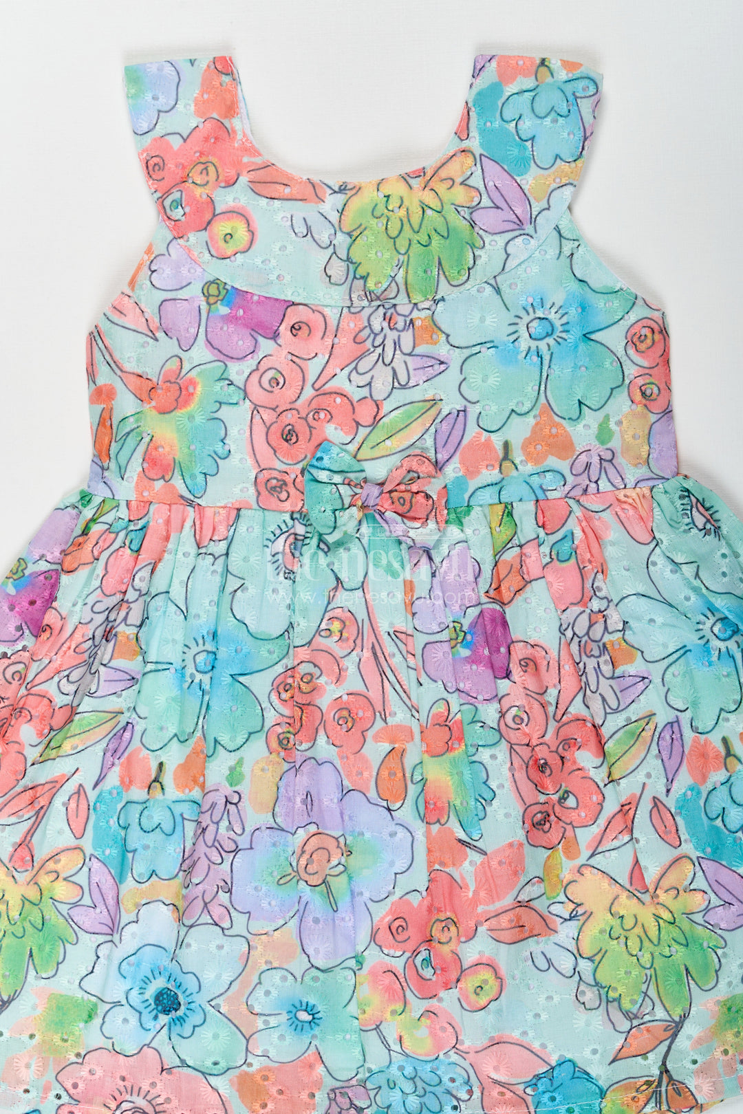 The Nesavu Baby Cotton Frocks Girls Dresses Flower Style in Soft Hakoba Cotton with Multicolor Floral Print and Bow Waist Nesavu Multicolor Hakoba Cotton Dresses Flower Style Girls Bow Detail Comfortable Fit | The Nesavu