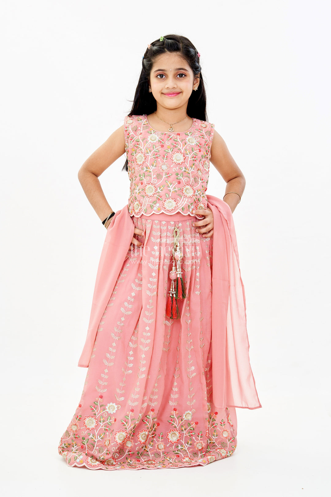 The Nesavu Girls Lehenga Choli Girls Dupatta Style On Choli Lehenga Set with Embroidery for Grand Festive Look Nesavu Girls Dupatta Style Choli Lehenga Embroidery Festive Wedding Wear | The Nesavu