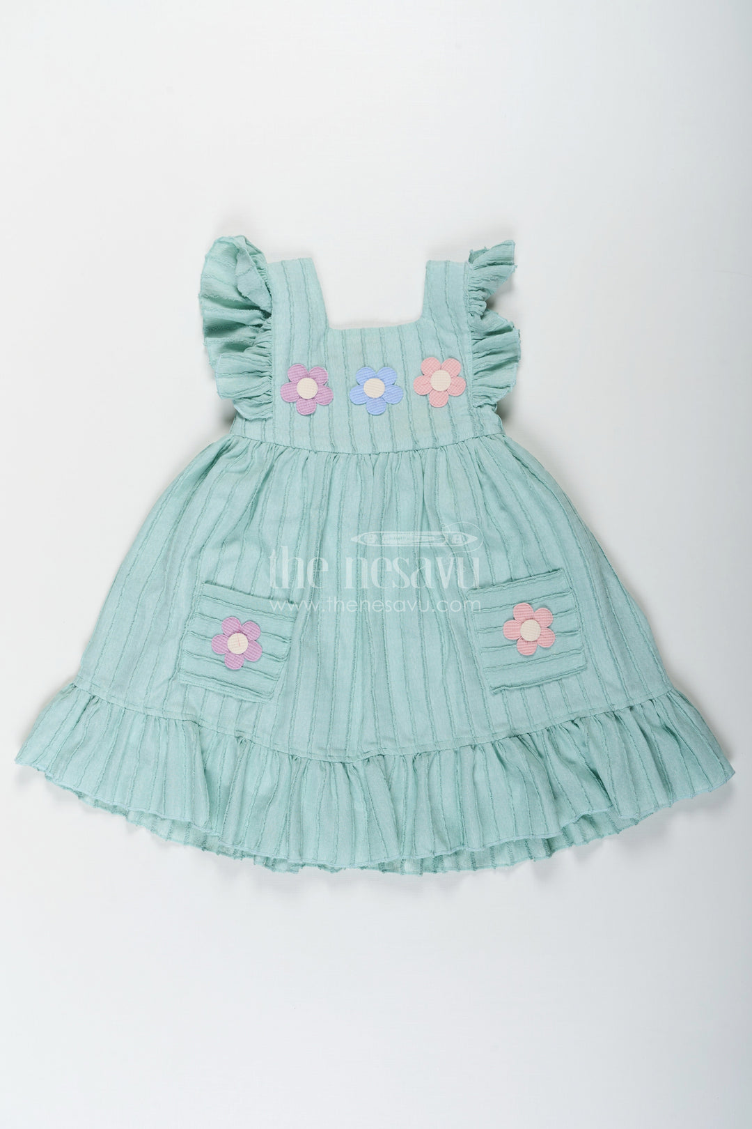 The Nesavu Girls Cotton Frock Girls Easter Frock in Soft Cotton with Ruffled Straps and Floral Appliqué for a Playful Look Nesavu 20 (3Y) / Green GFC1651A-20 Girls Easter Frock Soft Cotton Ruffled Straps Floral Appliqu Casual Wear | The Nesavu