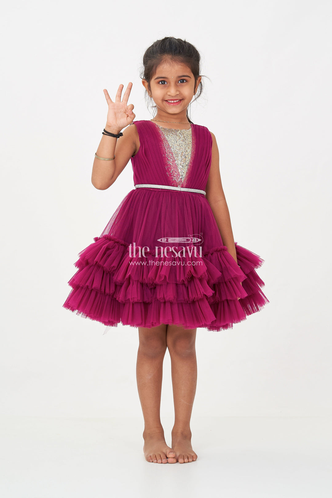 The Nesavu Girls Fancy Party Frock Girls Elegant Purple Cocktail Party Dress with Ruffled Layers and Sequin Embellishments Nesavu 16 (1Y) / Purple PF196B-16 Girls Elegant Purple Cocktail Party Dress Ruffled Net Sequin Detailing | The Nesavu