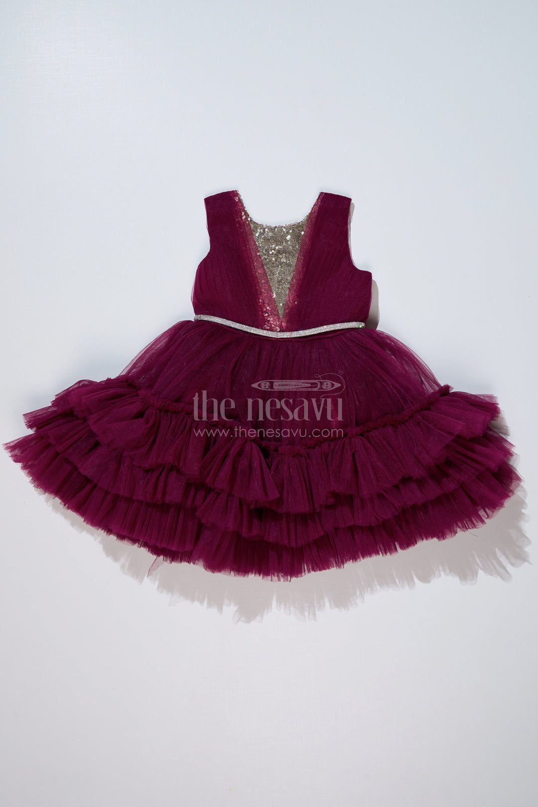 The Nesavu Girls Fancy Party Frock Girls Elegant Purple Cocktail Party Dress with Ruffled Layers and Sequin Embellishments Nesavu Girls Elegant Purple Cocktail Party Dress Ruffled Net Sequin Detailing | The Nesavu