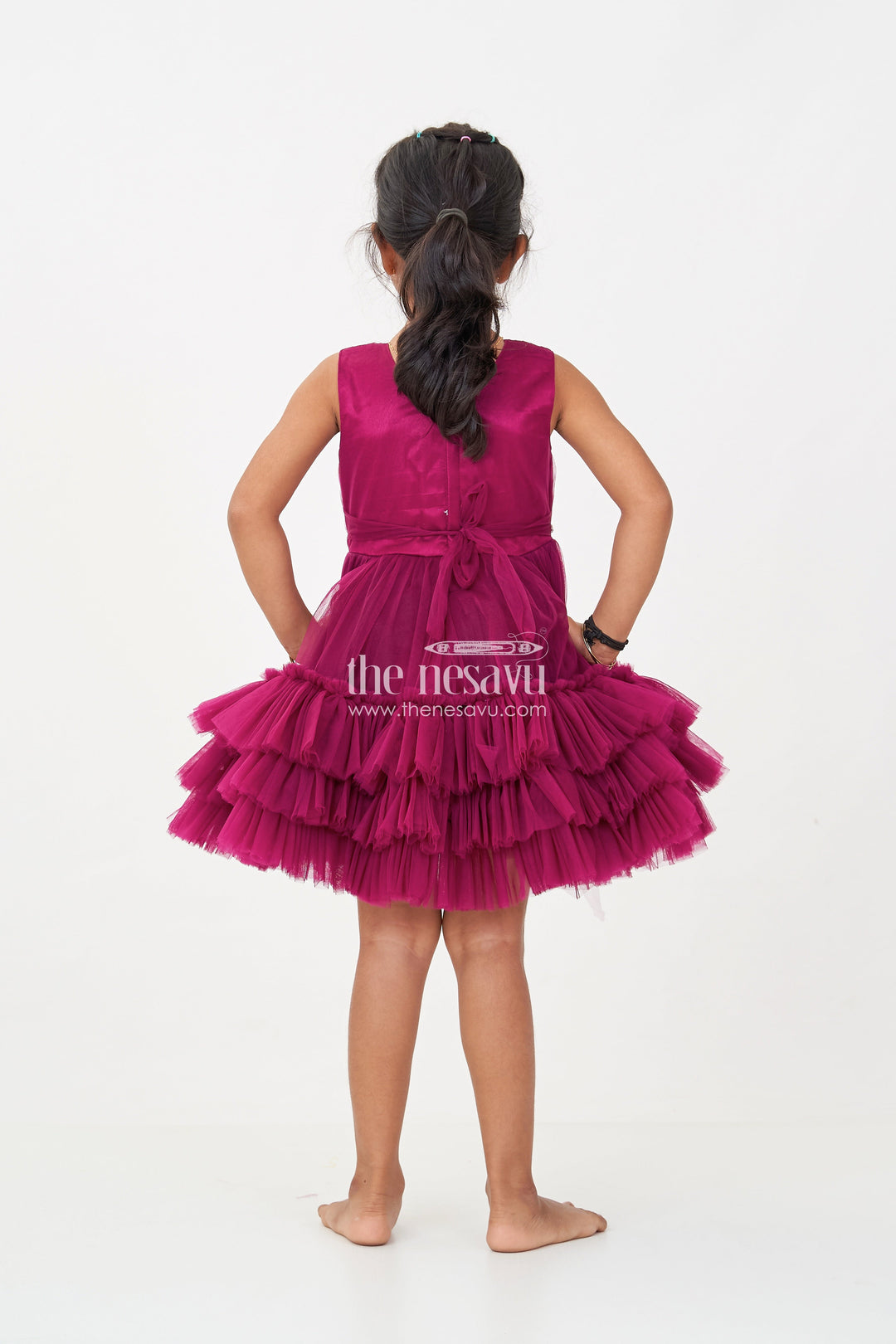 The Nesavu Girls Fancy Party Frock Girls Elegant Purple Cocktail Party Dress with Ruffled Layers and Sequin Embellishments Nesavu Girls Elegant Purple Cocktail Party Dress Ruffled Net Sequin Detailing | The Nesavu