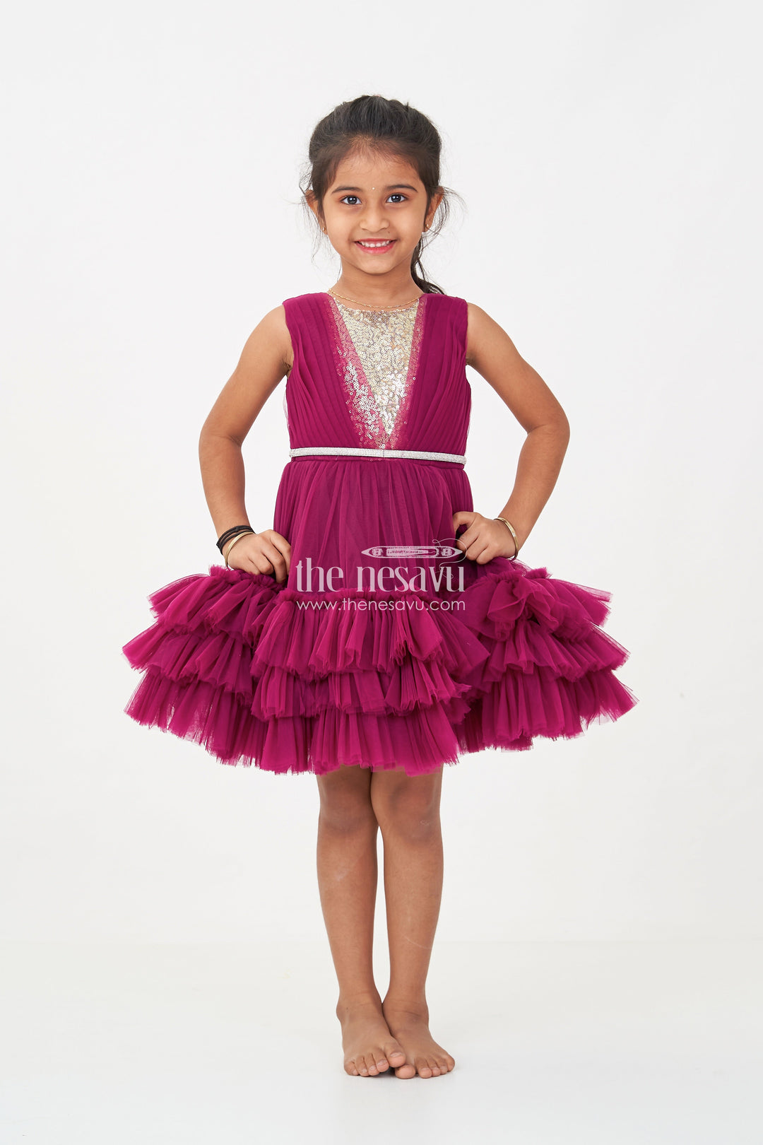 The Nesavu Girls Fancy Party Frock Girls Elegant Purple Cocktail Party Dress with Ruffled Layers and Sequin Embellishments Nesavu Girls Elegant Purple Cocktail Party Dress Ruffled Net Sequin Detailing | The Nesavu