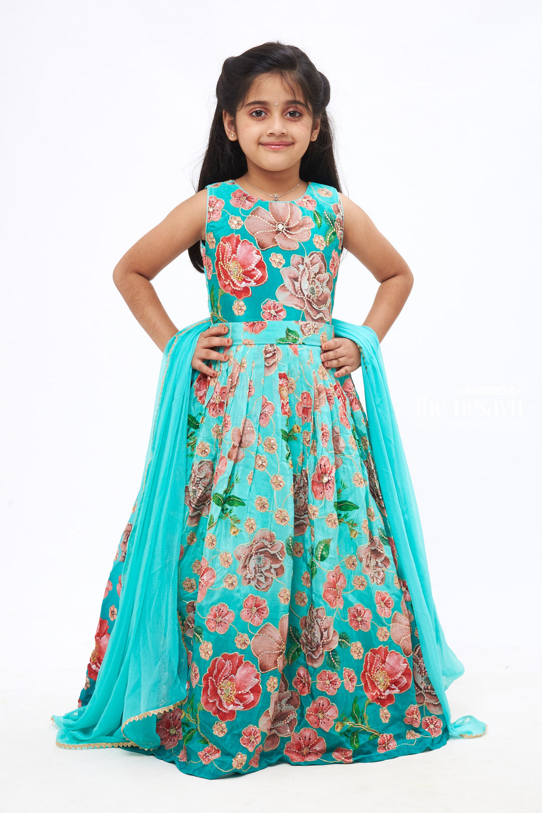 The Nesavu Girls Party Gown Girls Elegant Turquoise Floral Anarkali Gown with Sheer Dupatta Nesavu 24 (5Y) / Blue / Chinnon GA186A-24 Festive Children's Outfit | Traditional Indian Wear for Girls | Anarkali Gown | The Nesavu