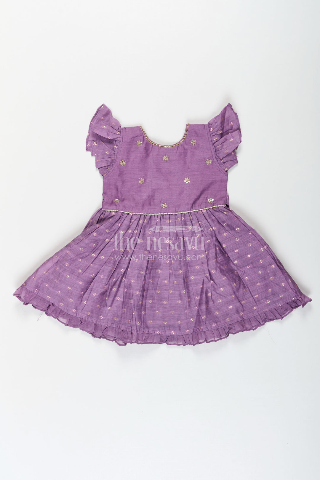 The Nesavu Girls Chanderi Frock Girls Elsa Frock in Chanderi with Sequence Embroidery Yoke and Ruffle Sleeves for Festive Looks Nesavu 16 (1Y) / Purple GFC1666A-16 Girls Elsa Frock Chanderi Sequence Embroidered Yoke Ruffle Sleeves | The Nesavu