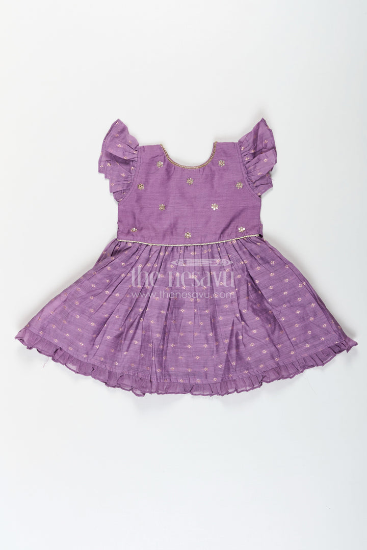 The Nesavu Girls Chanderi Frock Girls Elsa Frock in Chanderi with Sequence Embroidery Yoke and Ruffle Sleeves for Festive Looks Nesavu 16 (1Y) / Purple GFC1666A-16 Girls Elsa Frock Chanderi Sequence Embroidered Yoke Ruffle Sleeves | The Nesavu