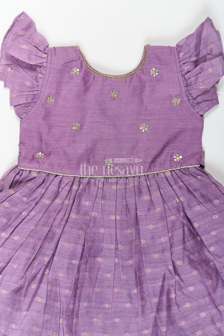 The Nesavu Girls Chanderi Frock Girls Elsa Frock in Chanderi with Sequence Embroidery Yoke and Ruffle Sleeves for Festive Looks Nesavu Girls Elsa Frock Chanderi Sequence Embroidered Yoke Ruffle Sleeves | The Nesavu