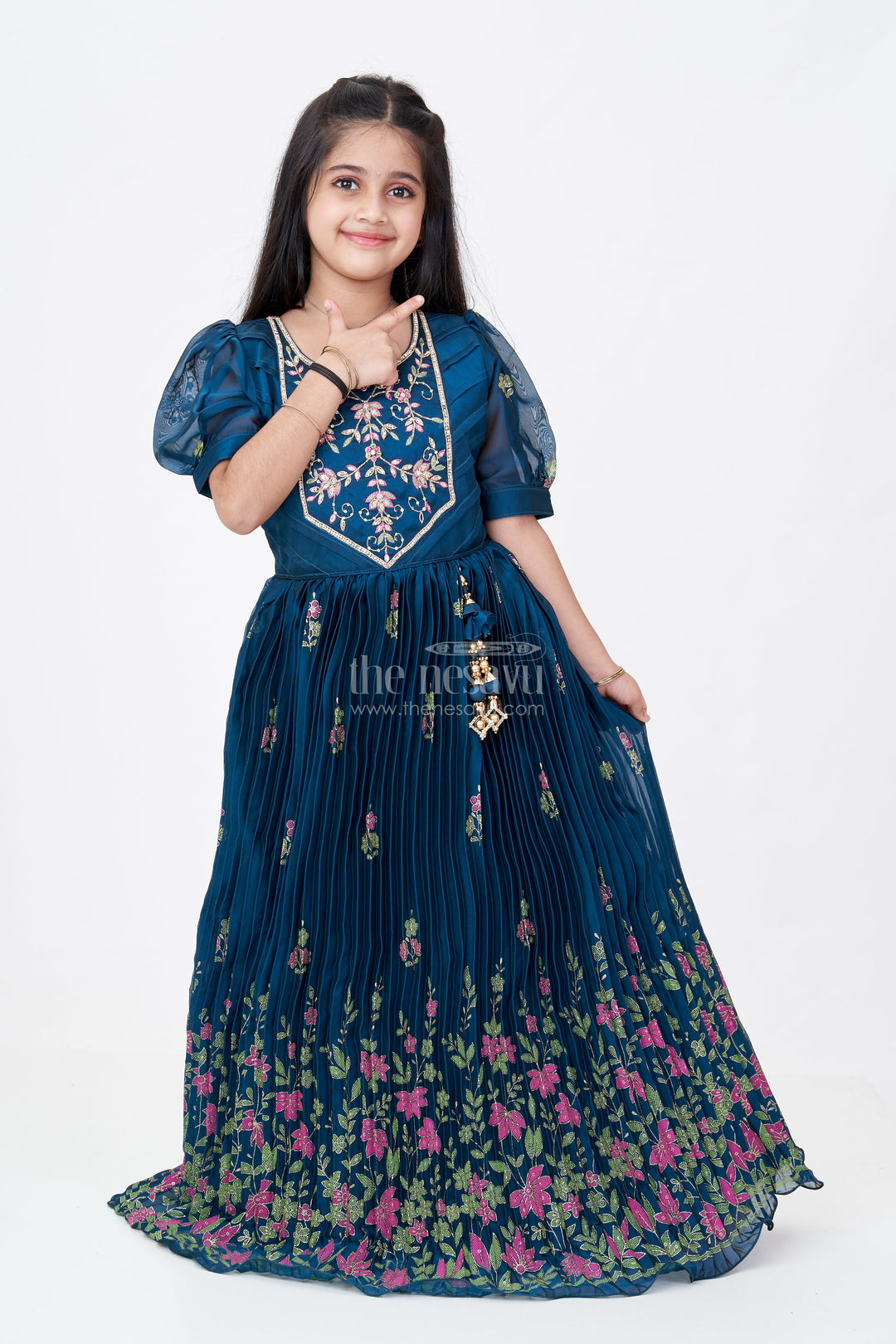 The Nesavu Girls Silk Gown Girls Embroidered Anarkali in Chinon Silk with Thread Work Floral Patterns and Elegant Bodice Embellishment Nesavu 24 (5Y) / Green GA304A-24 Nesavu Girls Embroidered Anarkali Chinon Silk Floral Thread Work Festive Tassel Details