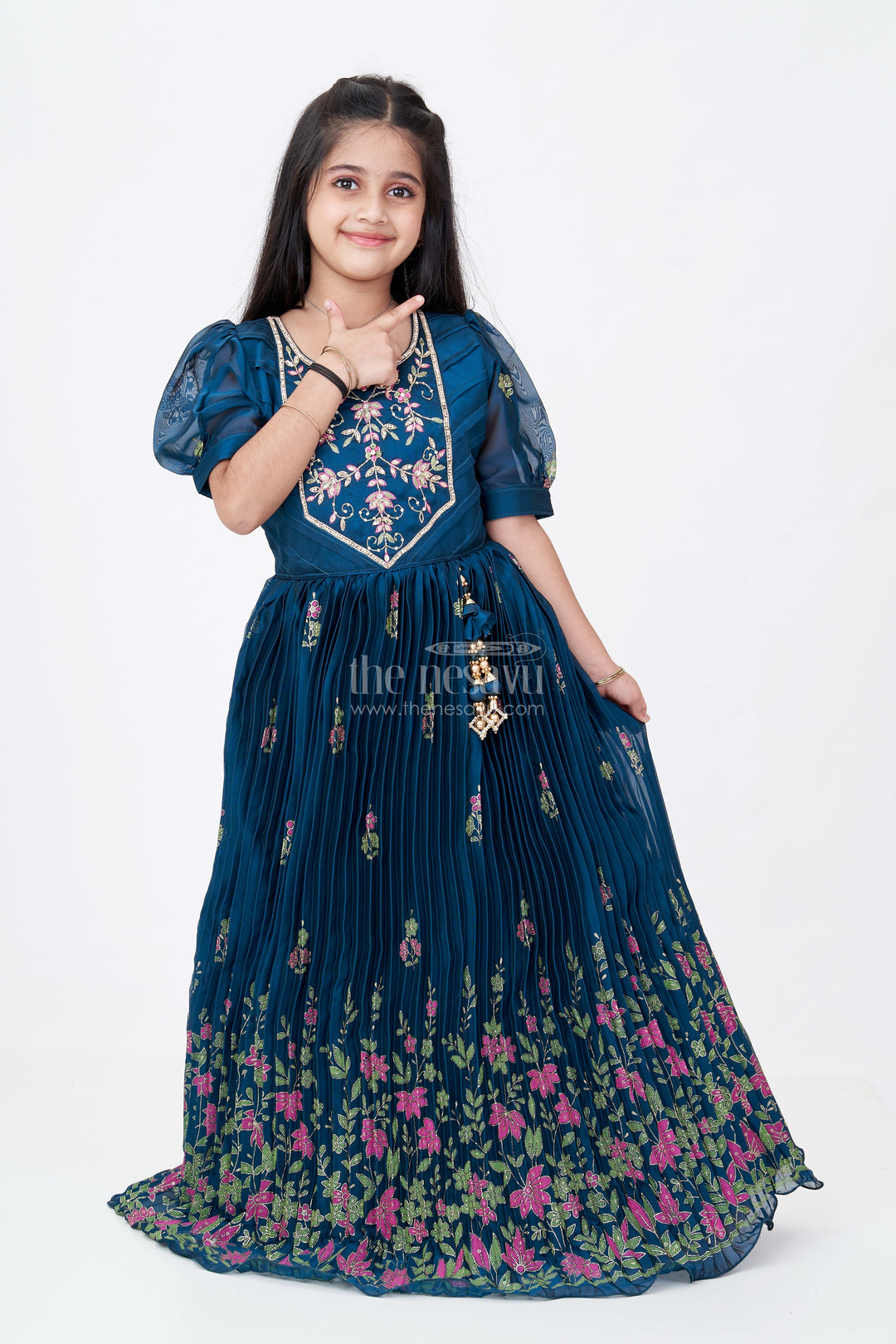 The Nesavu Girls Silk Gown Girls Embroidered Anarkali in Chinon Silk with Thread Work Floral Patterns and Elegant Bodice Embellishment Nesavu 24 (5Y) / Green GA304A-24 Nesavu Girls Embroidered Anarkali Chinon Silk Floral Thread Work Festive Tassel Details