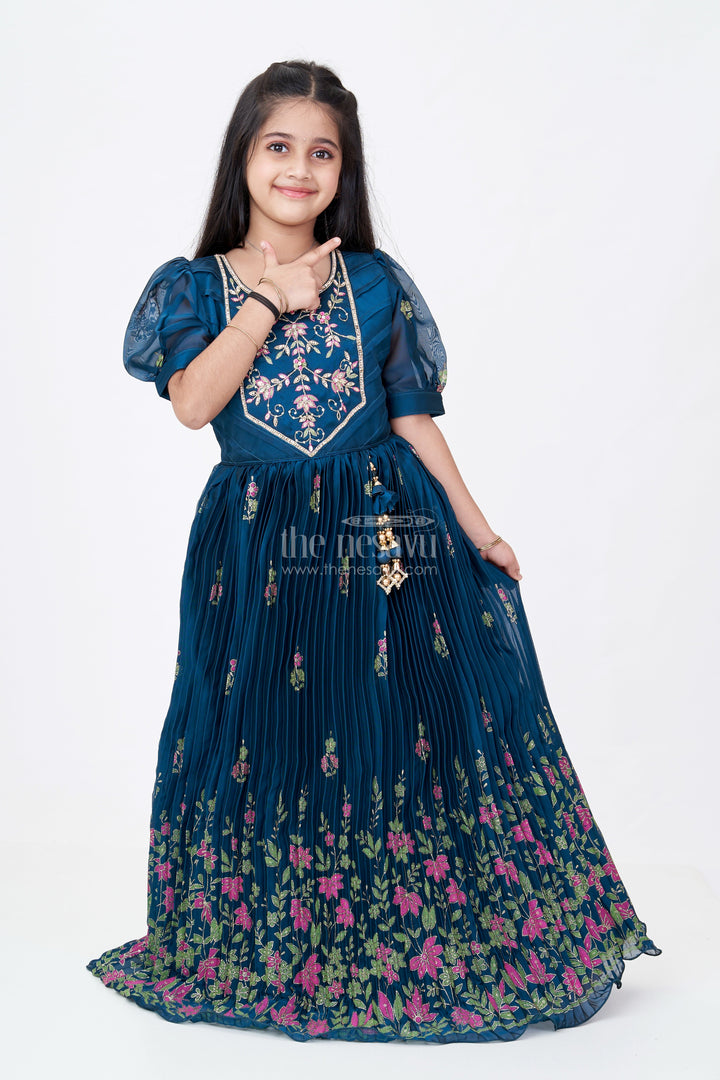 The Nesavu Girls Silk Gown Girls Embroidered Anarkali in Chinon Silk with Thread Work Floral Patterns and Elegant Bodice Embellishment Nesavu 24 (5Y) / Green GA304A-24 Nesavu Girls Embroidered Anarkali Chinon Silk Floral Thread Work Festive Tassel Details