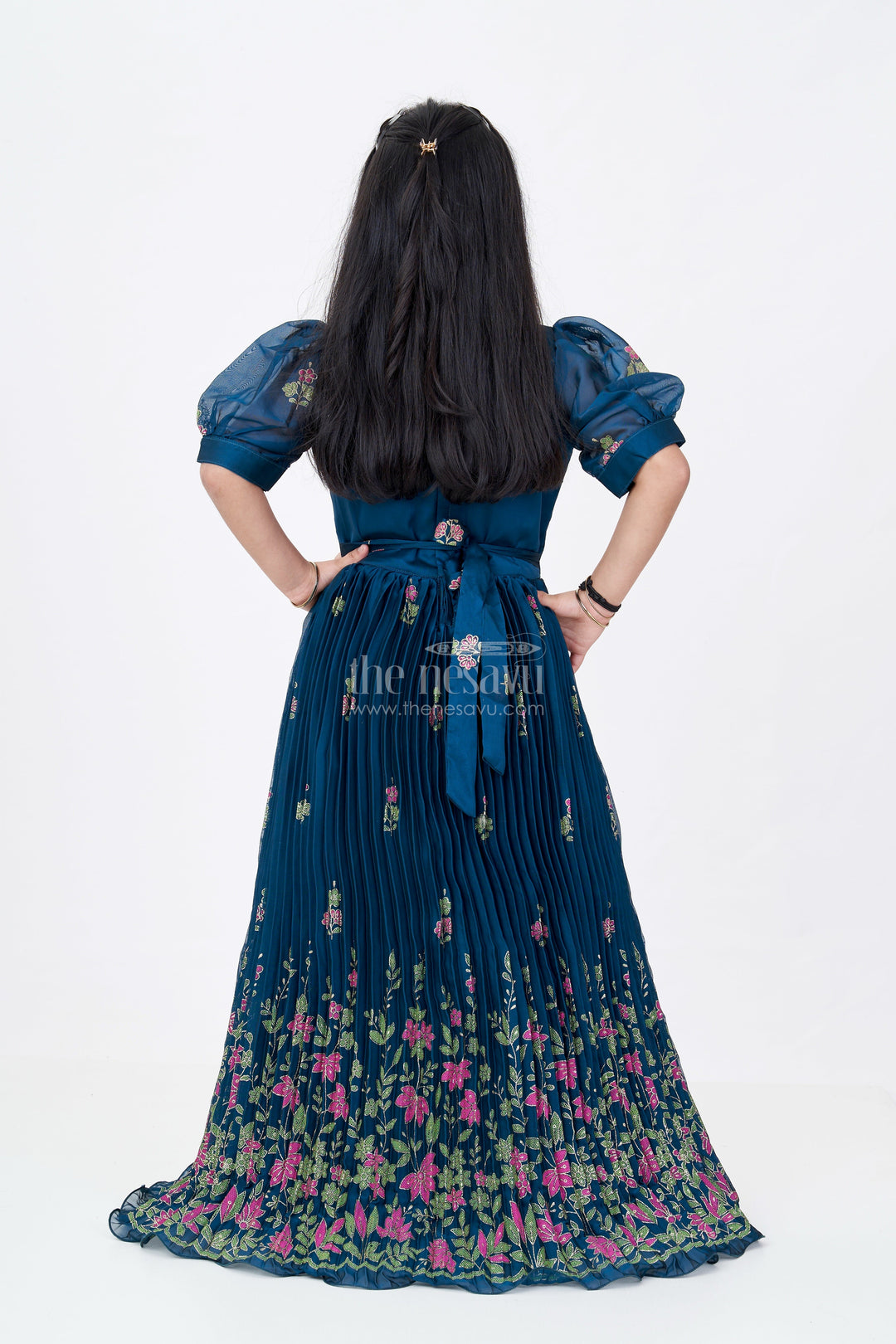 The Nesavu Girls Silk Gown Girls Embroidered Anarkali in Chinon Silk with Thread Work Floral Patterns and Elegant Bodice Embellishment Nesavu Nesavu Girls Embroidered Anarkali Chinon Silk Floral Thread Work Festive Tassel Details