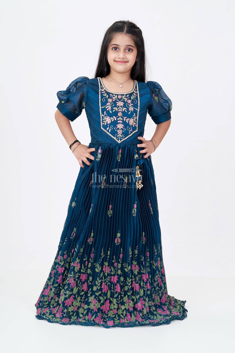 The Nesavu Girls Silk Gown Girls Embroidered Anarkali in Chinon Silk with Thread Work Floral Patterns and Elegant Bodice Embellishment Nesavu Nesavu Girls Embroidered Anarkali Chinon Silk Floral Thread Work Festive Tassel Details