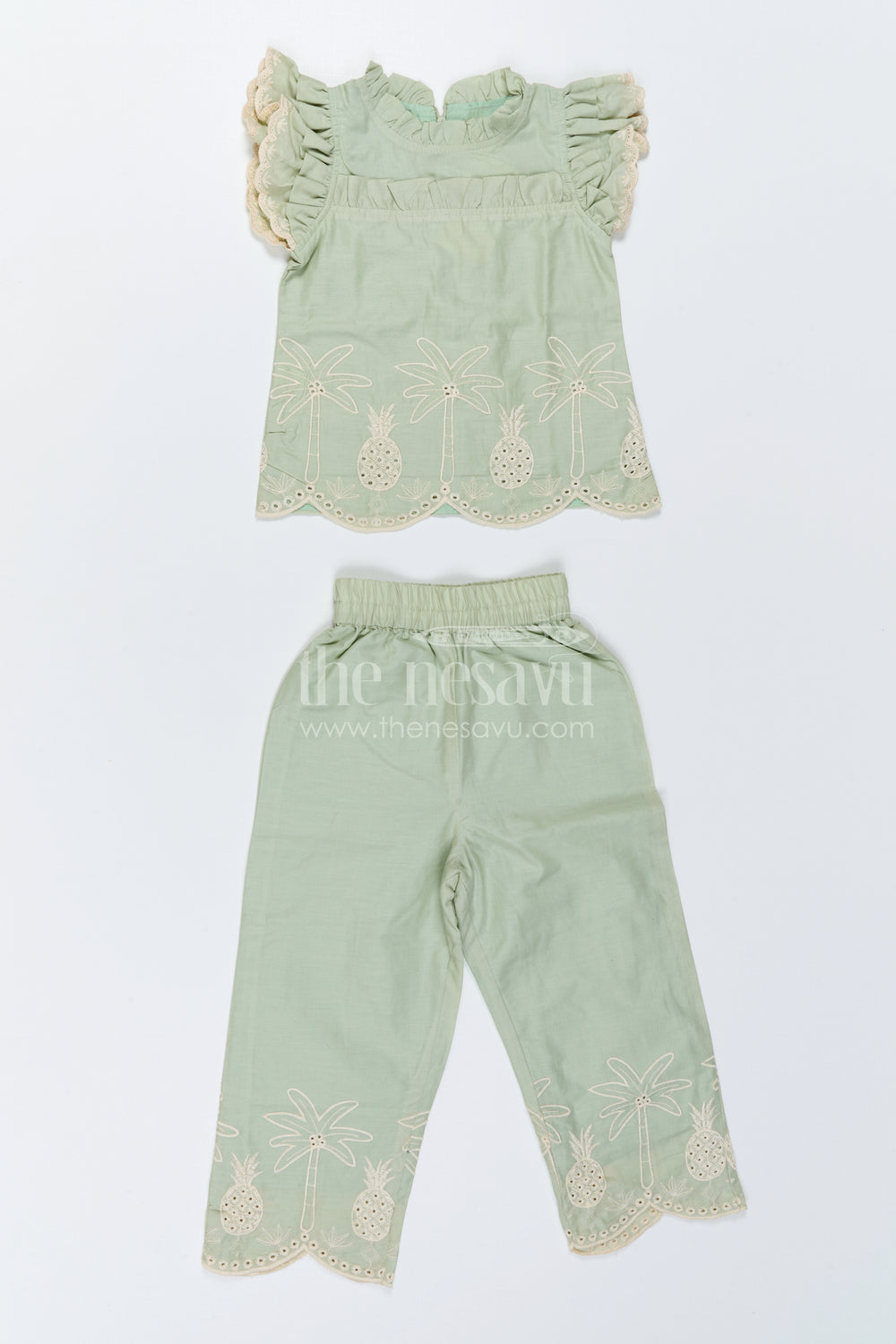 The Nesavu Girls Co-Ord Sets Girls Embroidered Beach Co Ord Set for Vacation Wear Nesavu 22 (4Y) / Green / Cotton Blend GCS067A-22 Nesavu Girls Embroidered Vacation Co Ord Set With Tropical Thread Work For Summer Outings