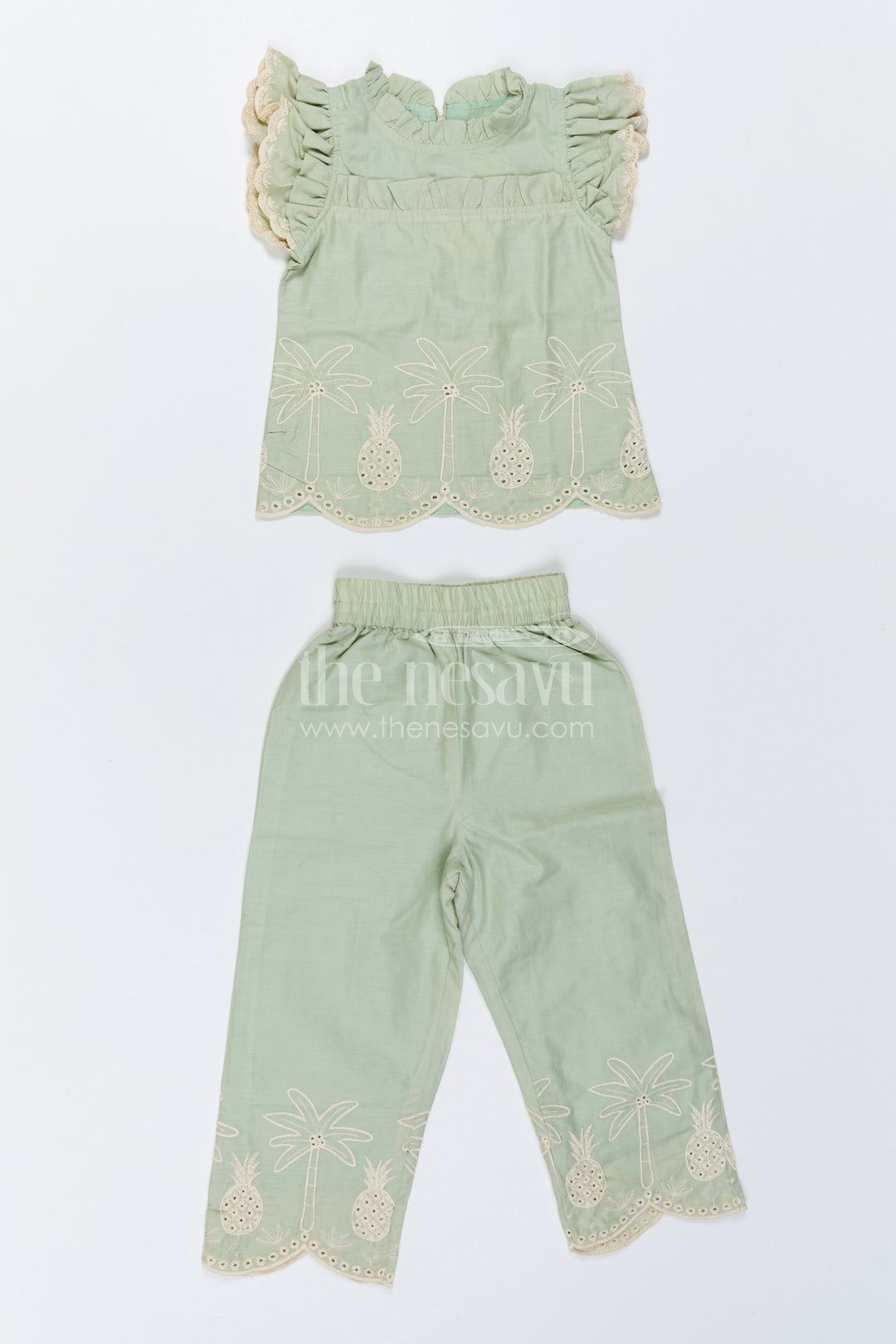 The Nesavu Girls Co-Ord Sets Girls Embroidered Beach Co Ord Set for Vacation Wear Nesavu 22 (4Y) / Green / Cotton Blend GCS067A-22 Nesavu Girls Embroidered Vacation Co Ord Set With Tropical Thread Work For Summer Outings