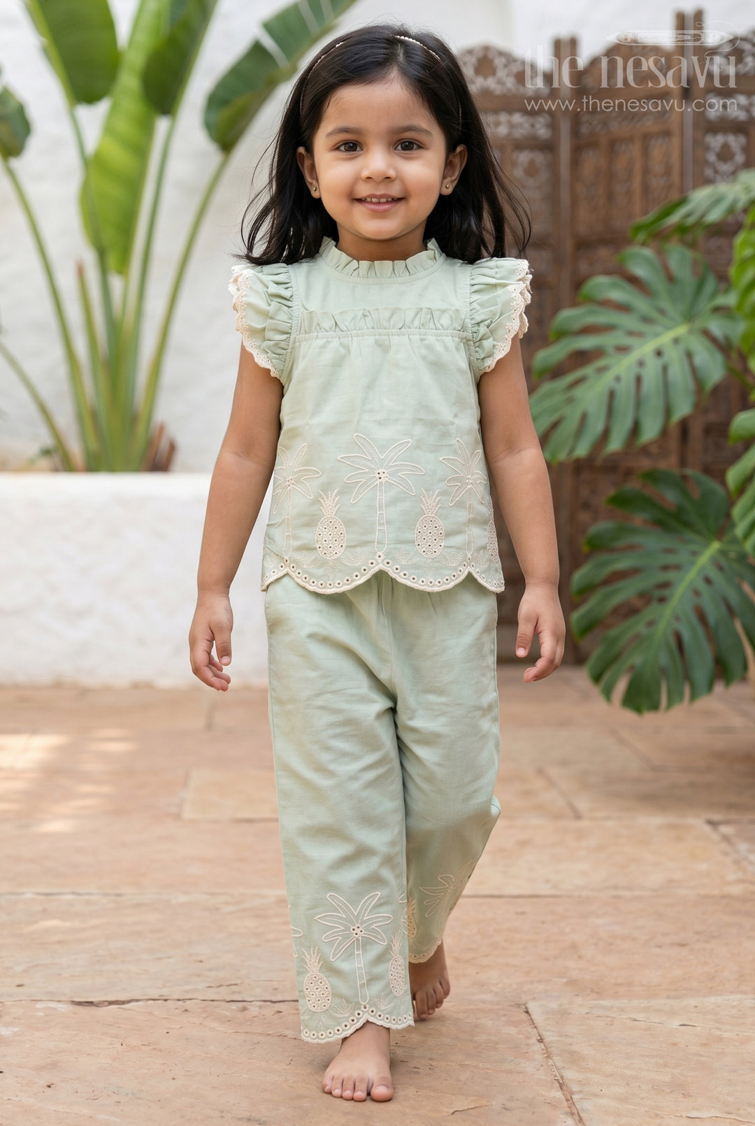 The Nesavu Girls Co-Ord Sets Girls Embroidered Beach Co Ord Set for Vacation Wear Nesavu 22 (4Y) / Green / Cotton Blend GCS067A-22 Nesavu Girls Embroidered Vacation Co Ord Set With Tropical Thread Work For Summer Outings