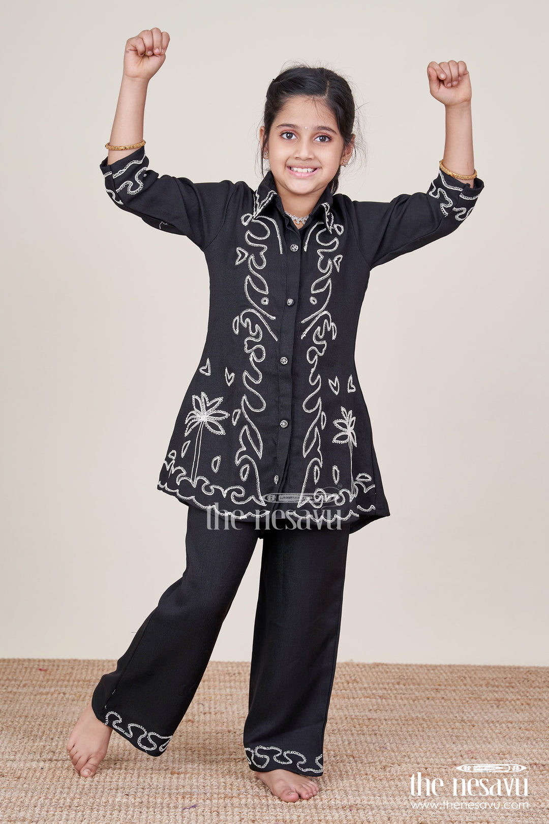 The Nesavu Girls Co-Ord Sets Girls Embroidered Black Georgette Plazo Set for Evening Functions Nesavu Nesavu girls black georgette plazo set thread embroidery festive cultural functions