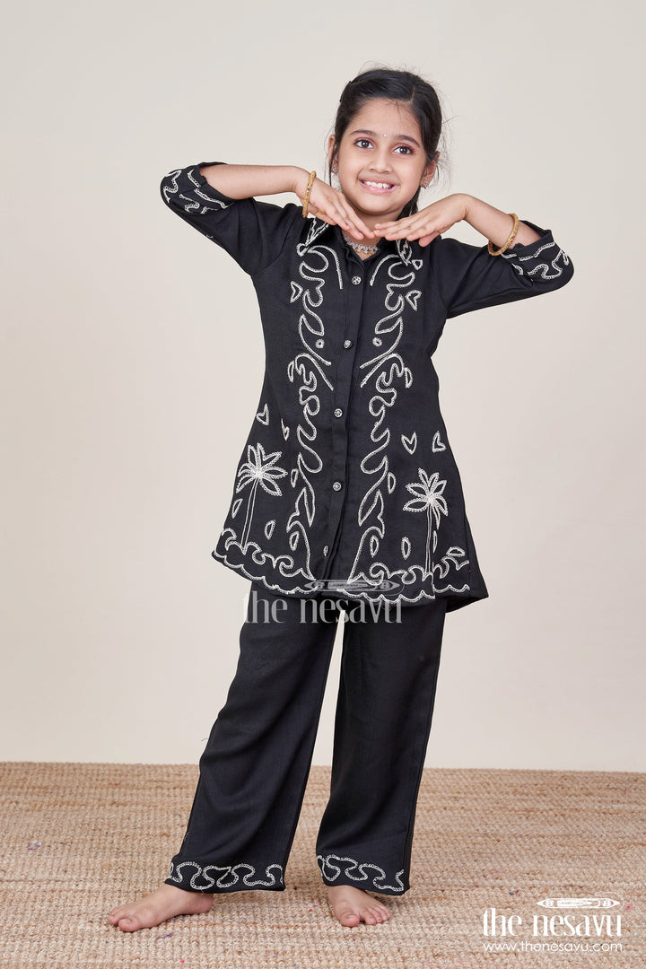 The Nesavu Girls Co-Ord Sets Girls Embroidered Black Georgette Plazo Set for Evening Functions Nesavu Nesavu girls black georgette plazo set thread embroidery festive cultural functions
