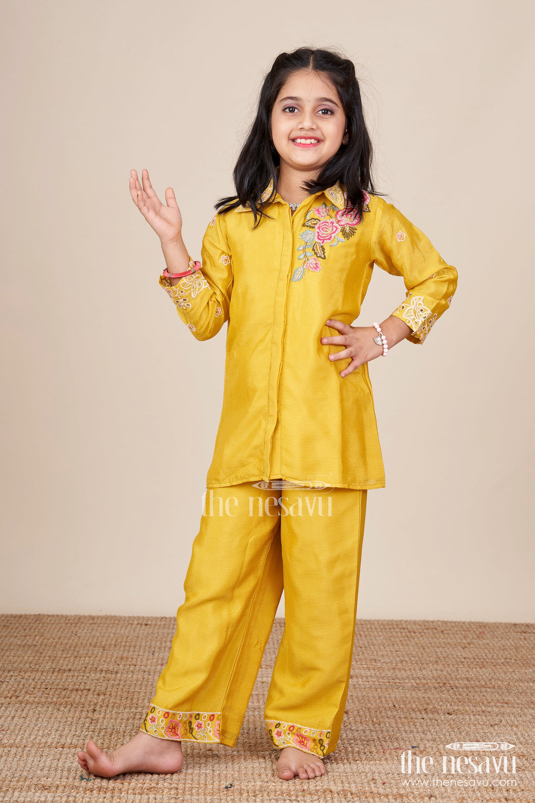 The Nesavu Girls Casual Set Girls Embroidered Casual Set with Collar Tunic and Pants Nesavu 24 (5Y) / Yellow GPS862B-24 Nesavu girls ethnic casual set embroidered collar top matching pants