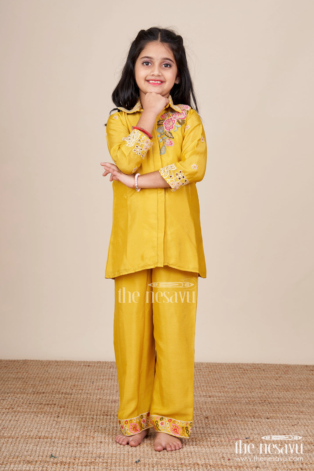 The Nesavu Girls Casual Set Girls Embroidered Casual Set with Collar Tunic and Pants Nesavu Nesavu girls ethnic casual set embroidered collar top matching pants