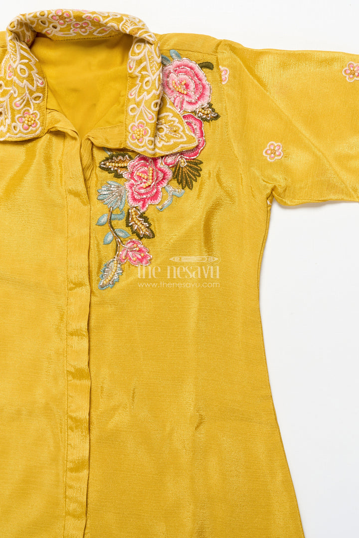 The Nesavu Girls Casual Set Girls Embroidered Casual Set with Collar Tunic and Pants Nesavu Nesavu girls ethnic casual set embroidered collar top matching pants