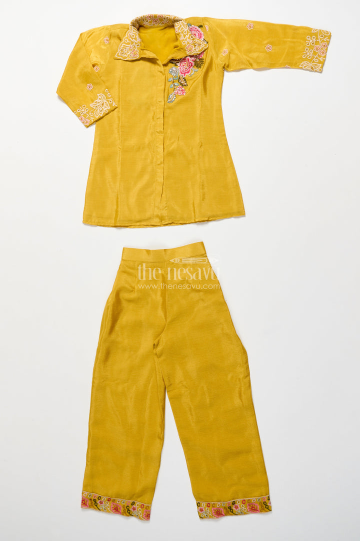 The Nesavu Girls Casual Set Girls Embroidered Casual Set with Collar Tunic and Pants Nesavu Nesavu girls ethnic casual set embroidered collar top matching pants