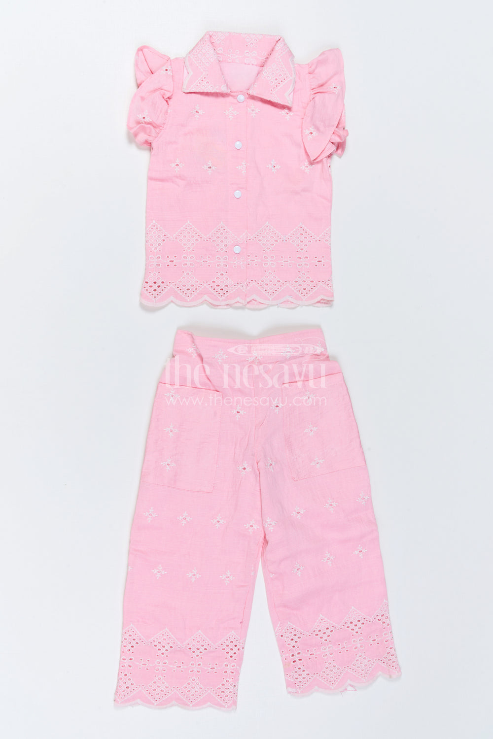 The Nesavu Girls Co-Ord Sets Girls Embroidered Co Ord Outfit for Festive Family Gatherings Nesavu 22 (4Y) / Pink / Hakoba GCS065B-22 Nesavu Girls Embroidered Hakoba Co Ord Outfit With Puff Sleeves For Festive Celebrations