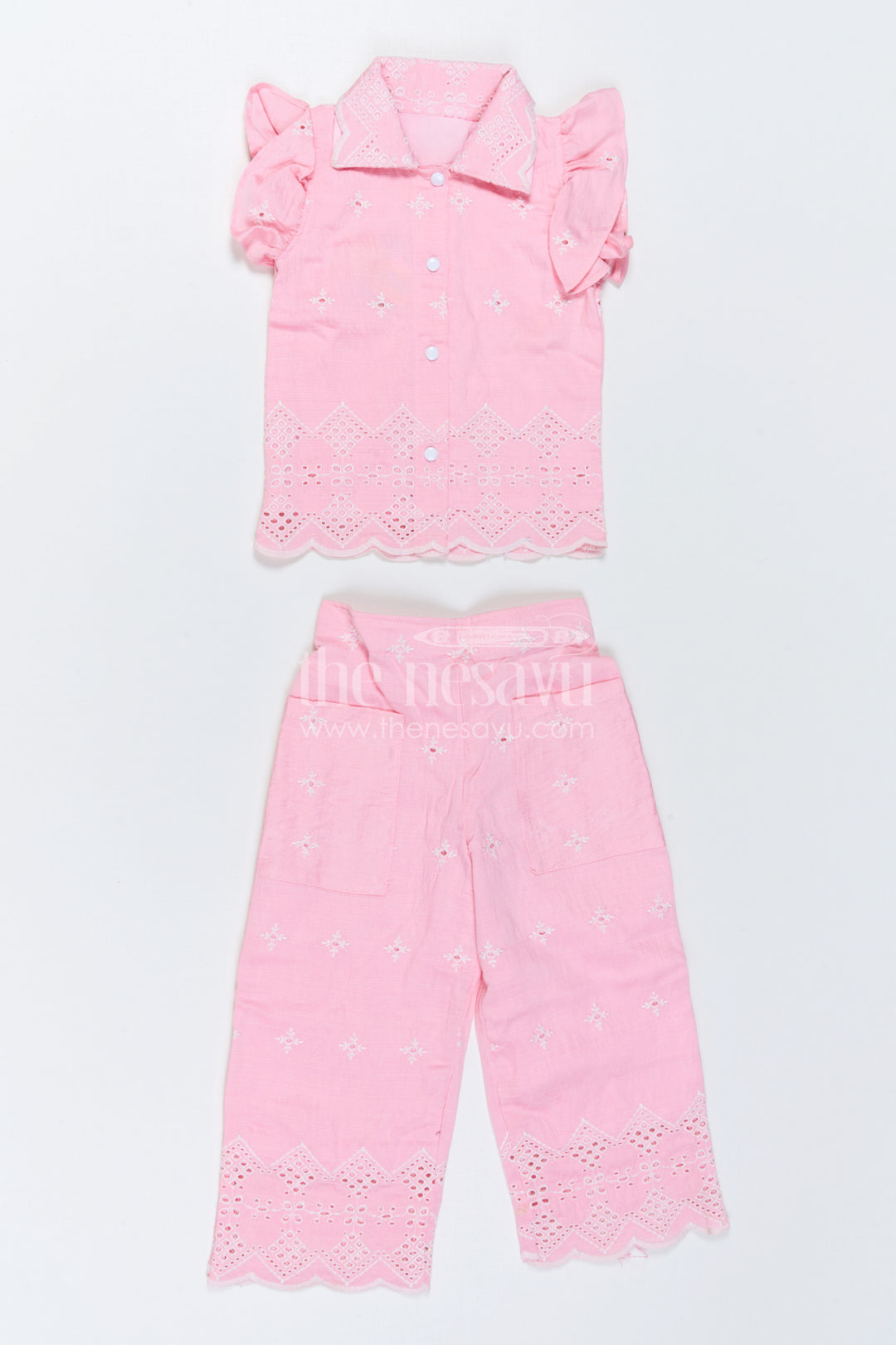 The Nesavu Girls Co-Ord Sets Girls Embroidered Co Ord Outfit for Festive Family Gatherings Nesavu 22 (4Y) / Pink / Hakoba GCS065B-22 Nesavu Girls Embroidered Hakoba Co Ord Outfit With Puff Sleeves For Festive Celebrations