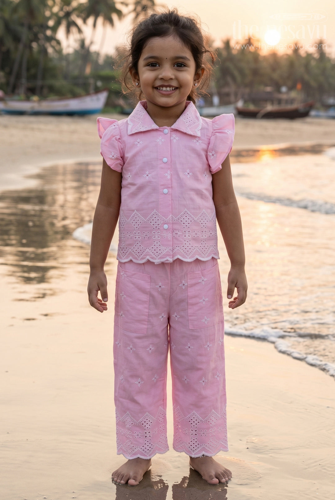 The Nesavu Girls Co-Ord Sets Girls Embroidered Co Ord Outfit for Festive Family Gatherings Nesavu 22 (4Y) / Pink / Hakoba GCS065B-22 Nesavu Girls Embroidered Hakoba Co Ord Outfit With Puff Sleeves For Festive Celebrations