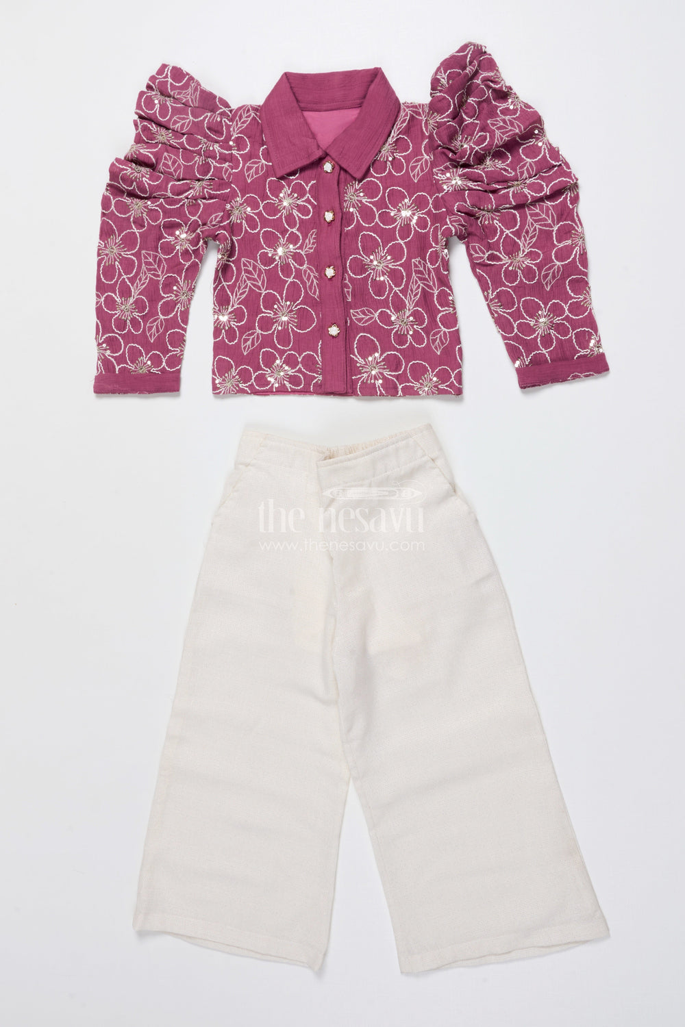 The Nesavu Girls Co-Ord Sets Girls Embroidered Co-Ord Set for Birthdays and Festive Events Nesavu 22 (4Y) / Purple GPS906A-22 Nesavu girls embroidered co-ord set puff sleeve top wide-leg pants festive birthdays