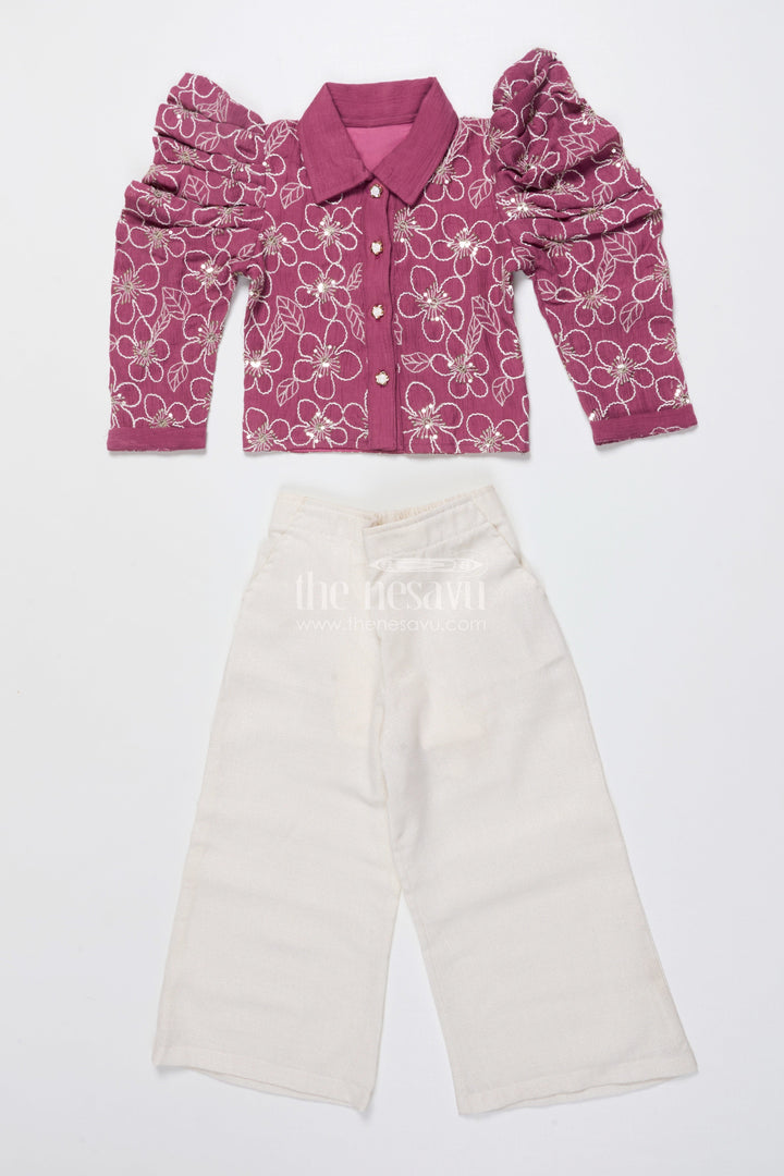 The Nesavu Girls Co-Ord Sets Girls Embroidered Co-Ord Set for Birthdays and Festive Events Nesavu 22 (4Y) / Purple GPS906A-22 Nesavu girls embroidered co-ord set puff sleeve top wide-leg pants festive birthdays