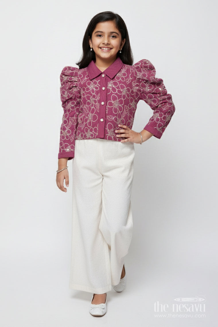 The Nesavu Girls Co-Ord Sets Girls Embroidered Co-Ord Set for Birthdays and Festive Events Nesavu 22 (4Y) / Purple GPS906A-22 Nesavu girls embroidered co-ord set puff sleeve top wide-leg pants festive birthdays