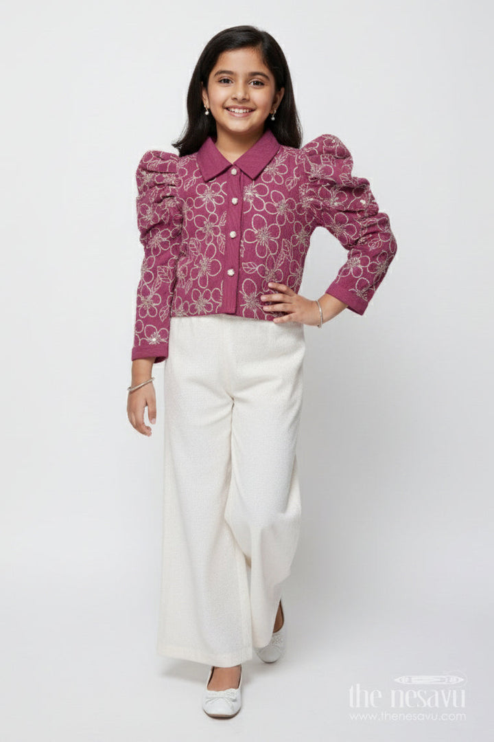 The Nesavu Girls Co-Ord Sets Girls Embroidered Co-Ord Set for Birthdays and Festive Events Nesavu 22 (4Y) / Purple GPS906A-22 Nesavu girls embroidered co-ord set puff sleeve top wide-leg pants festive birthdays