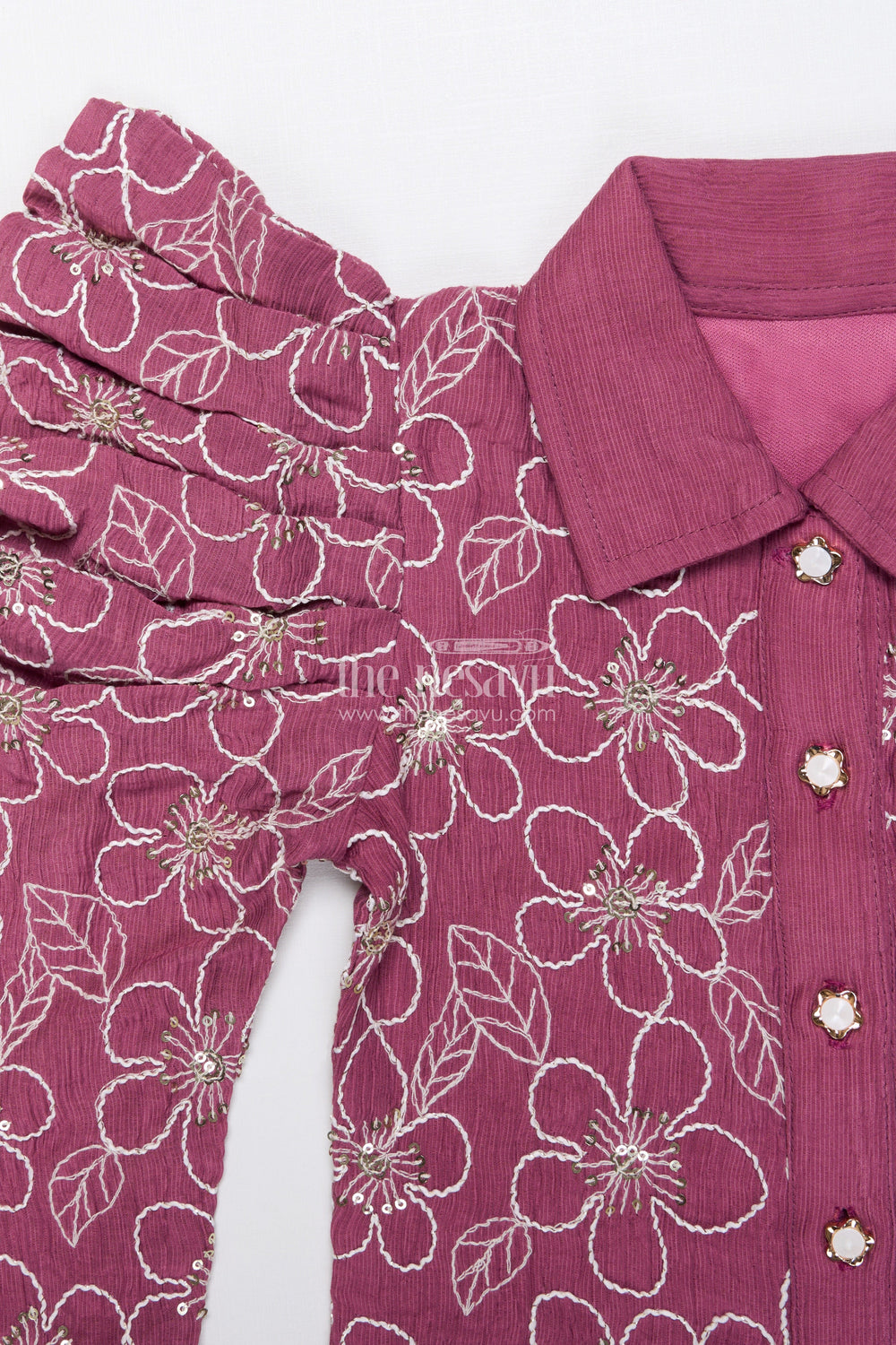 The Nesavu Girls Co-Ord Sets Girls Embroidered Co-Ord Set for Birthdays and Festive Events Nesavu Nesavu girls embroidered co-ord set puff sleeve top wide-leg pants festive birthdays