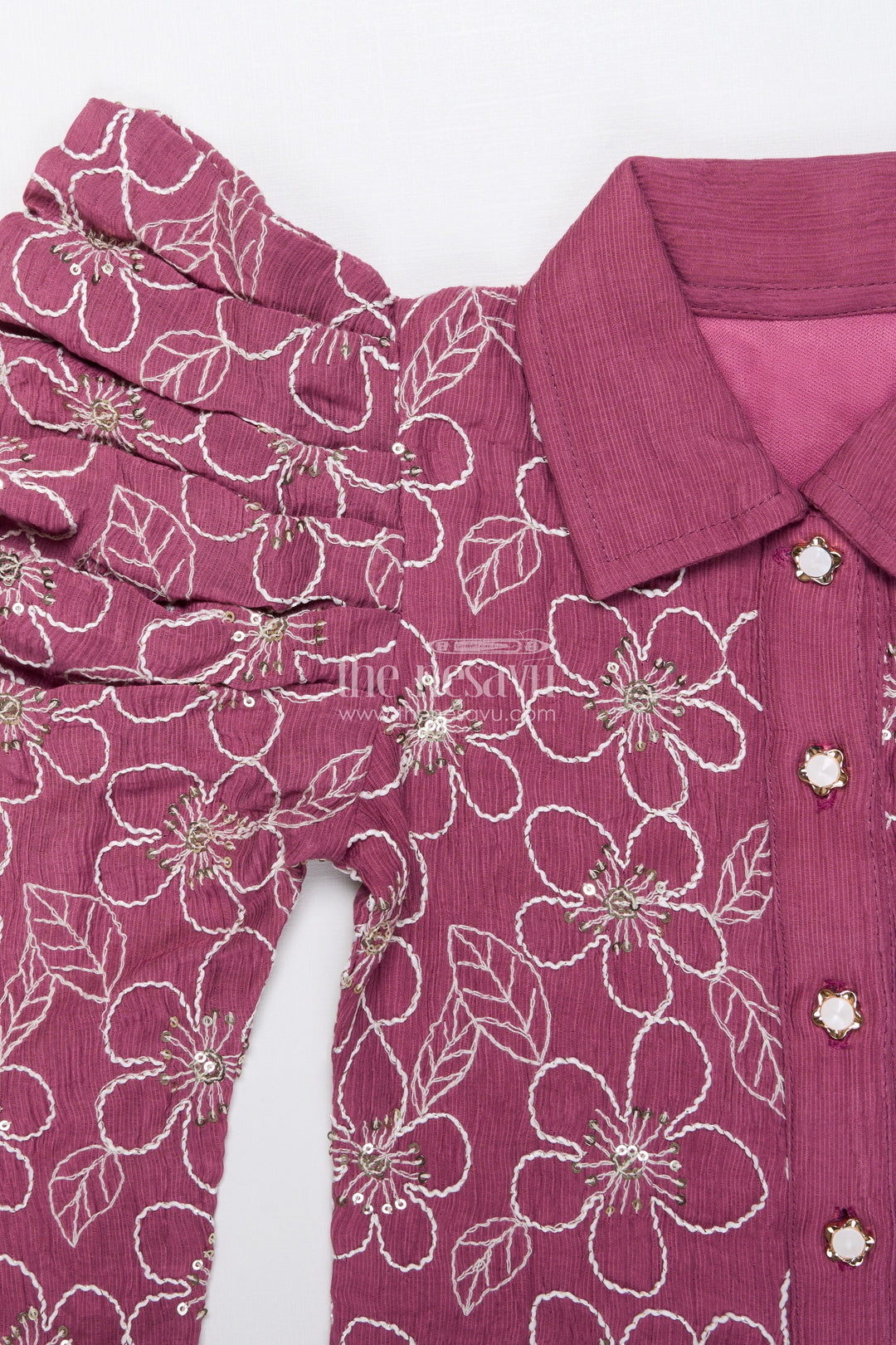 The Nesavu Girls Co-Ord Sets Girls Embroidered Co-Ord Set for Birthdays and Festive Events Nesavu Nesavu girls embroidered co-ord set puff sleeve top wide-leg pants festive birthdays